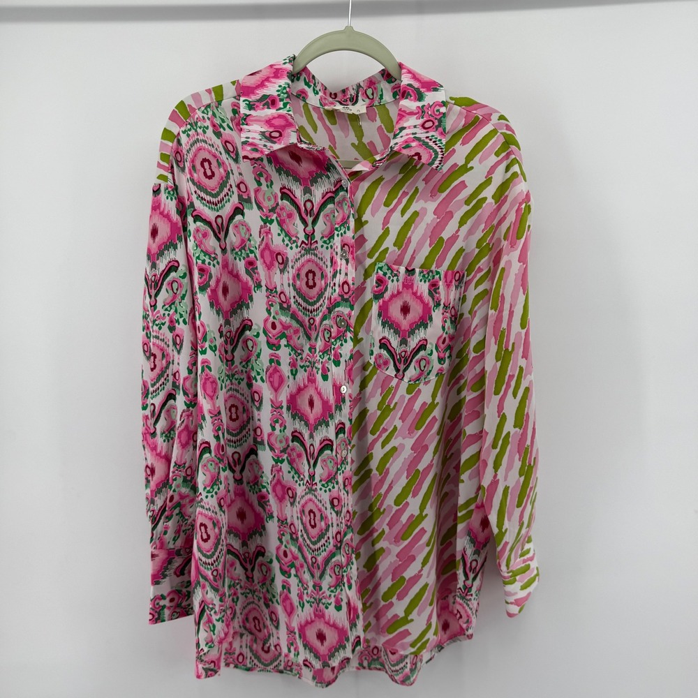 Entro Womens Small Pink Green Mixed Print Ikat Button Down Shirt Spring Oversize - Picture 7 of 7